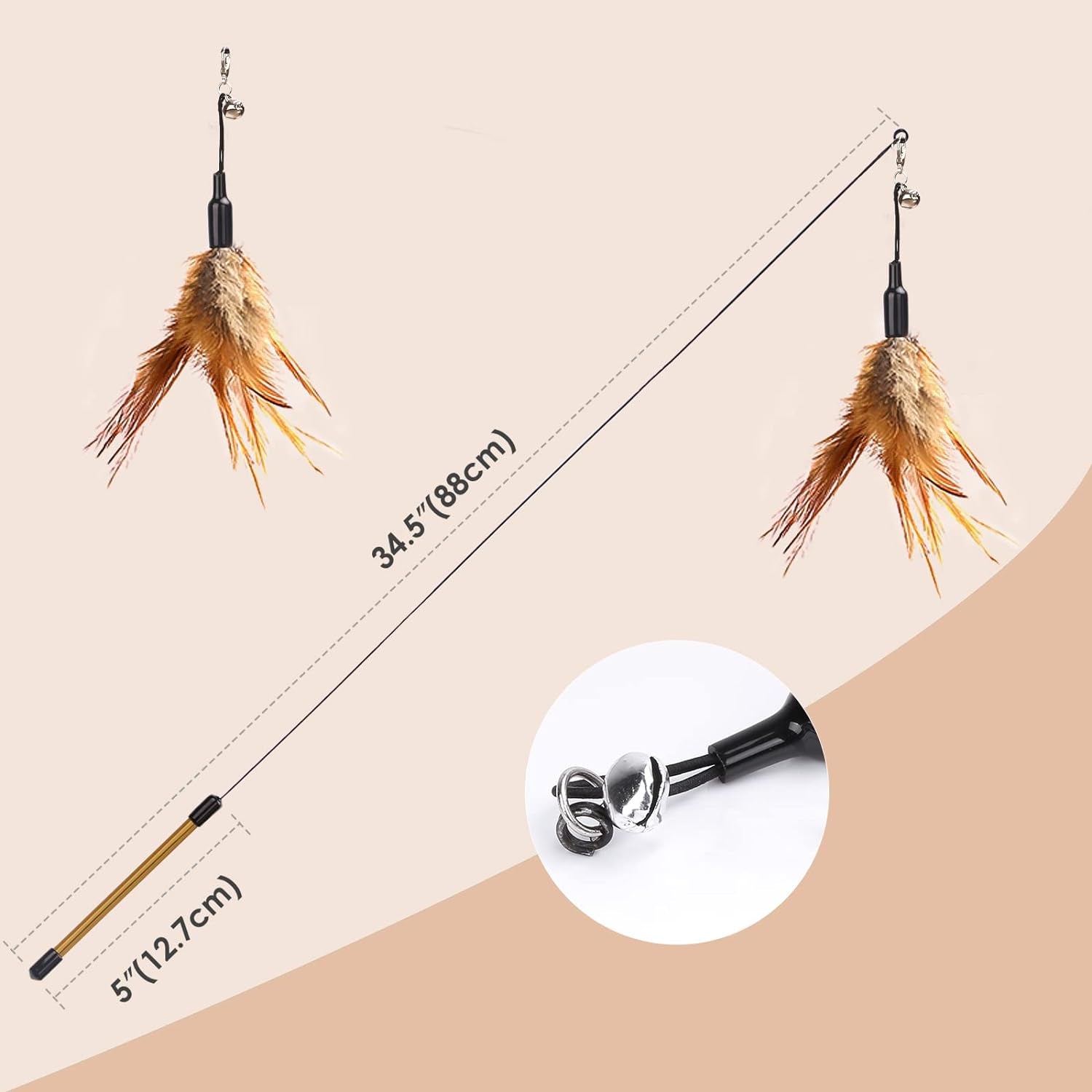 Feather Teaser Cat Toy, Interactive Feather Wand Cat Toy Flying Feather Cat Catcher with Extra Long 34.5" Wand and Small Bell, Fun Exerciser Playing Toy for Kitten or Cat, Brown Feather