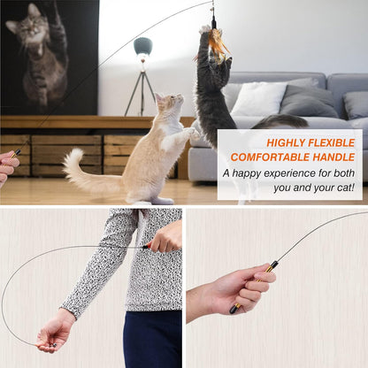 Feather Teaser Cat Toy, Interactive Feather Wand Cat Toy Flying Feather Cat Catcher with Extra Long 34.5" Wand and Small Bell, Fun Exerciser Playing Toy for Kitten or Cat, Brown Feather