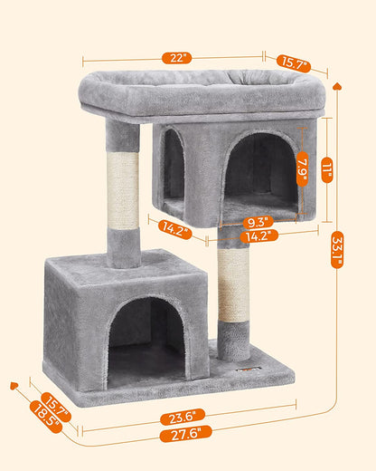 Cat Tree with Sisal-Covered Scratching Posts and 2 Plush Condos Cat Furniture for Kittens Light Gray UPCT61W