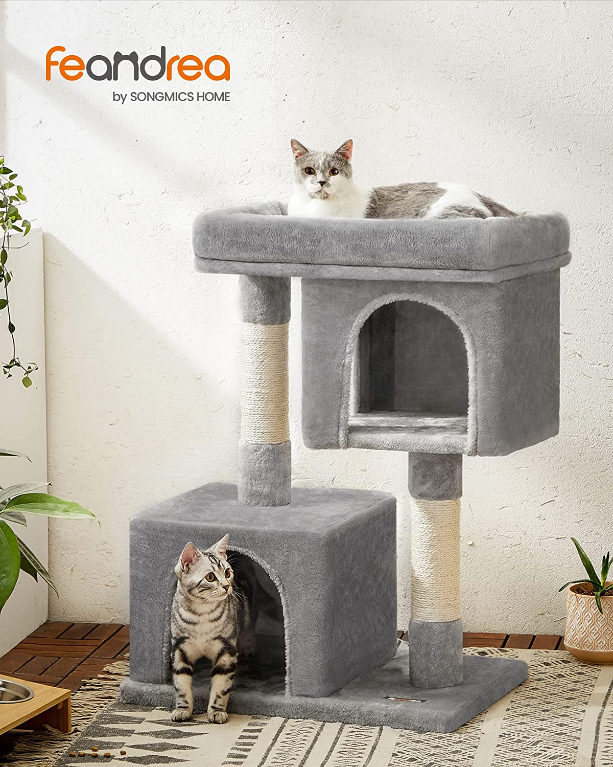 Cat Tree with Sisal-Covered Scratching Posts and 2 Plush Condos Cat Furniture for Kittens Light Gray UPCT61W