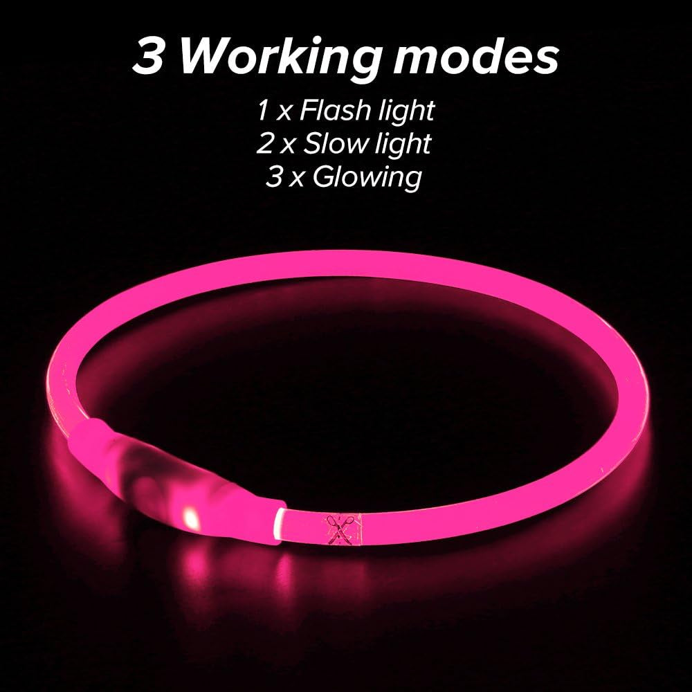 Light up Dog Collars - Waterproof LED Dog Collar, Glow in the Dark Puppy Collar, TPU Cuttable Lighted Dog Collar for Small Medium Large Dogs (Pink)